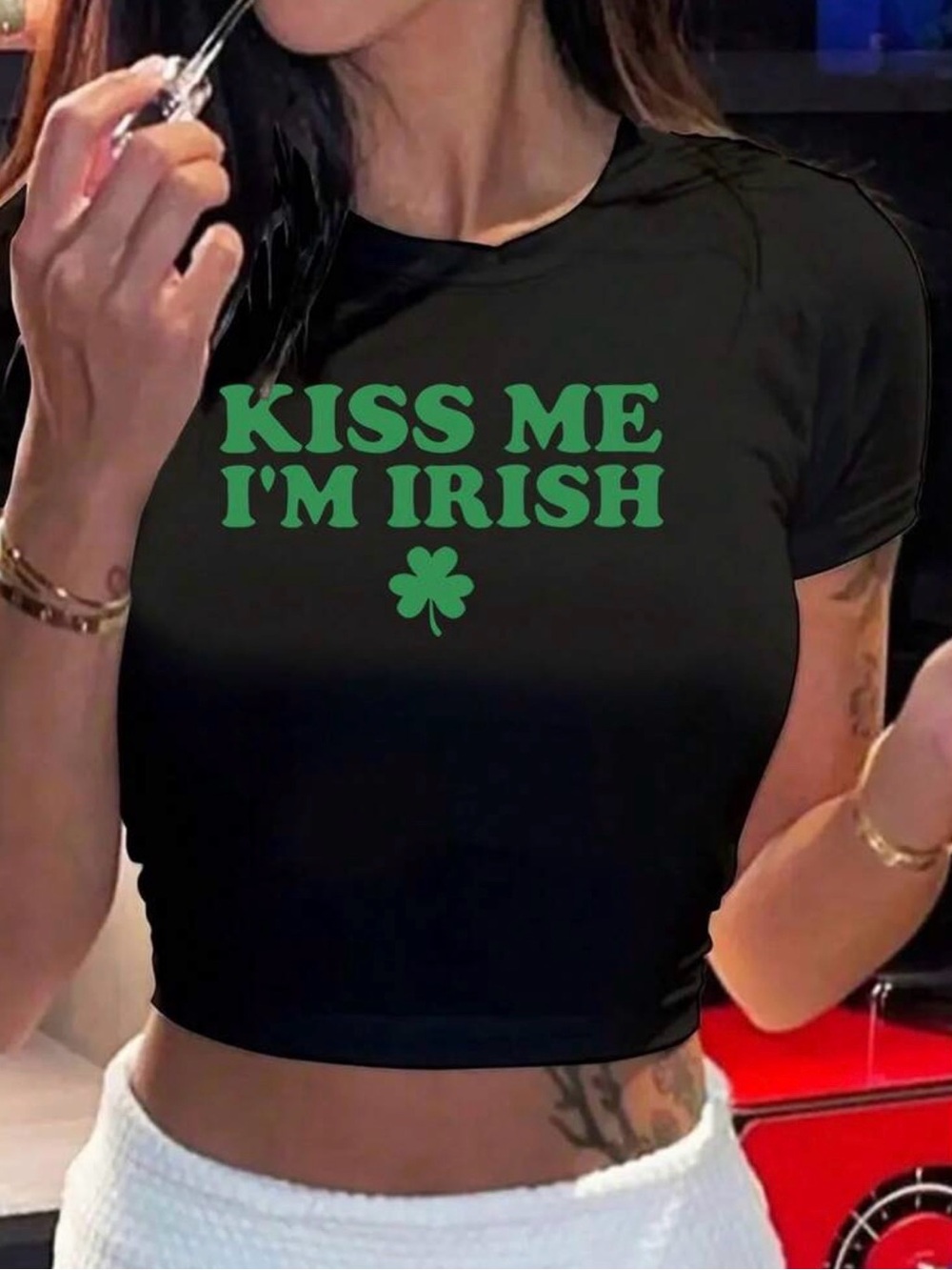 Kiss Me I'm Irish Green Graphic Crop Tee - Women's Top